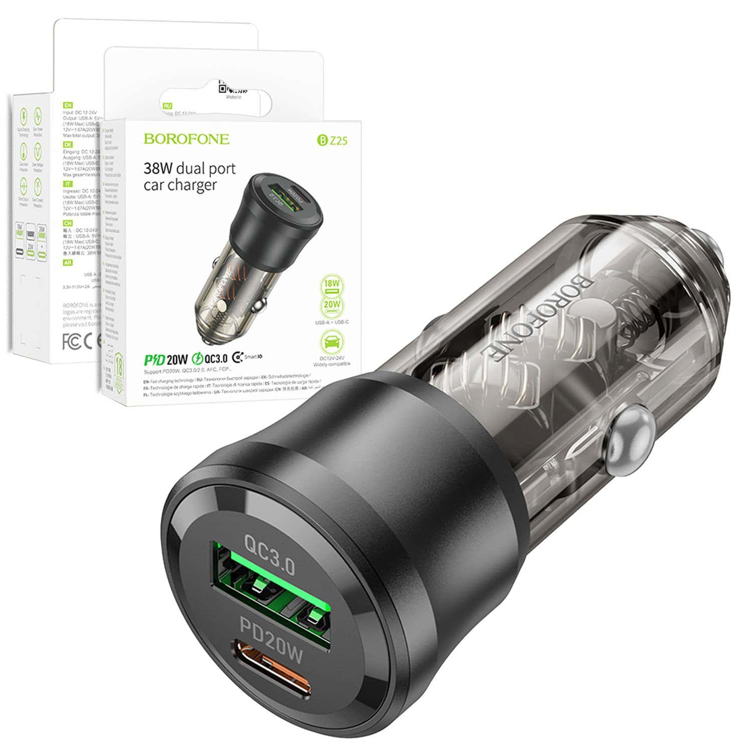 Borofone BZ25 38W PD20W PD USB Type C + QC3.0 USB A Fast Charging Quick Charger Car Charger Socket Adapter ( Transparent Black) Borofone BZ25 38W PD20W PD USB Type C + QC3.0 USB A Fast Charging Quick Charger Car Charger Socket Adapter ( Transparent Black)